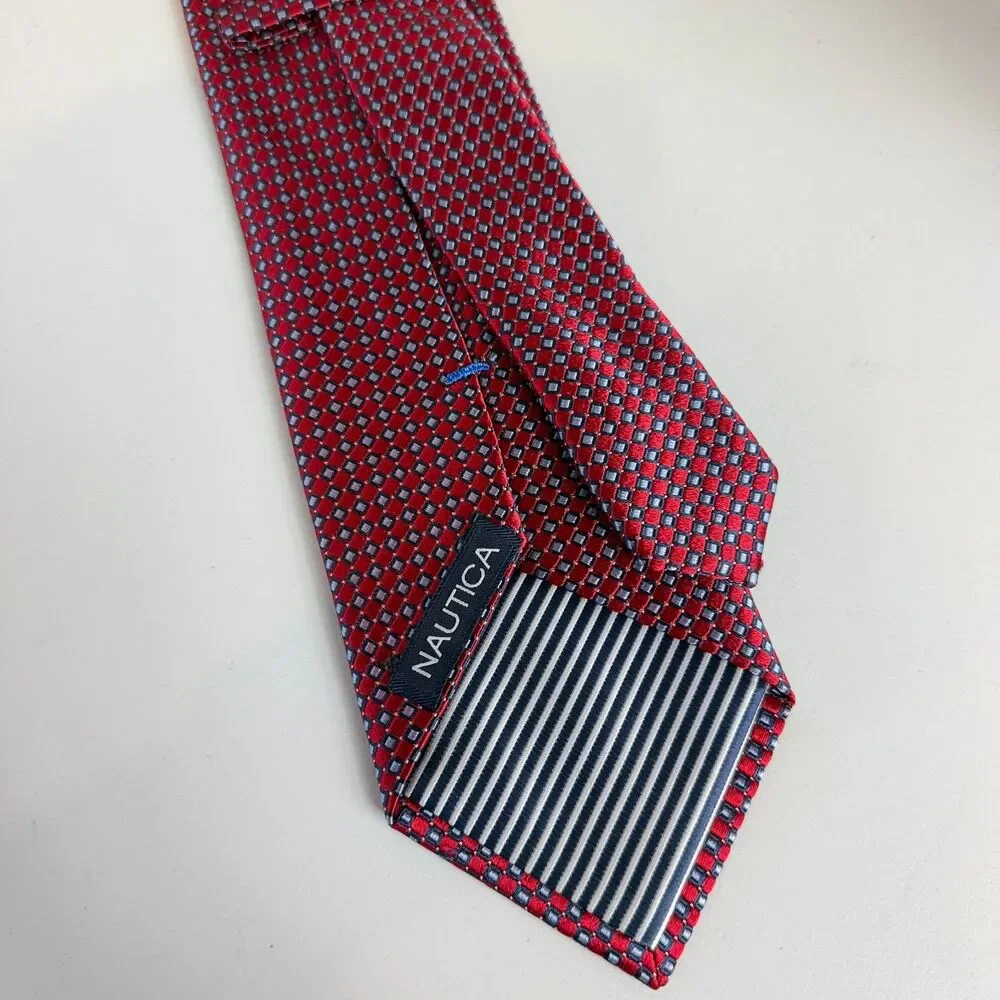 Nautica Men's Silk Tie Navy Blue Red Geometric Print